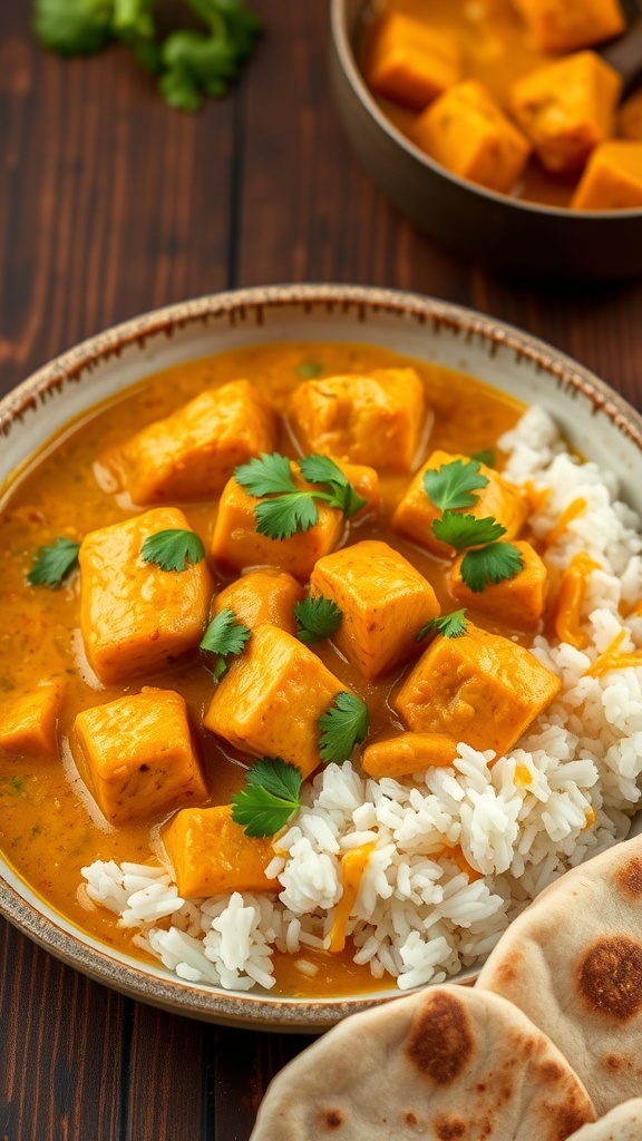Coconut curry chicken in a bowl with rice and naan, garnished with cilantro.